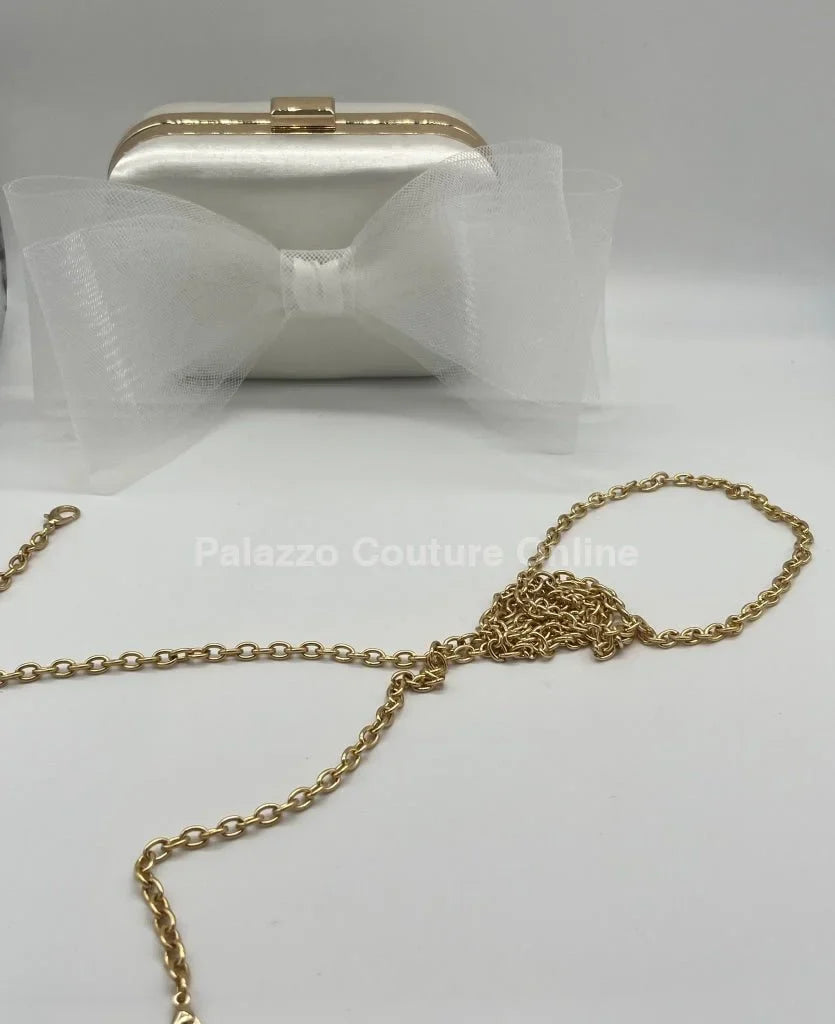 Tull Bow White Satin Clutch Purse