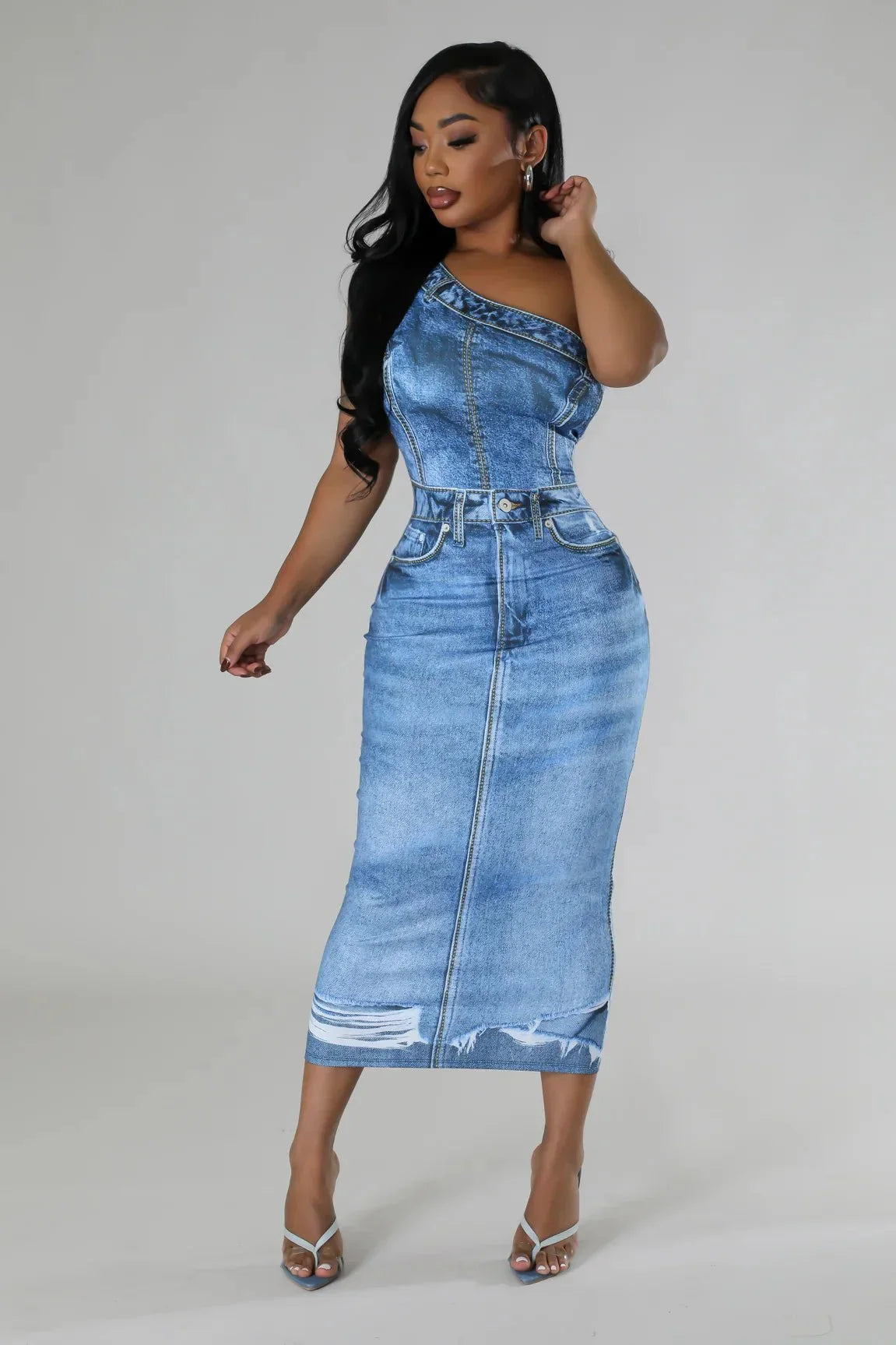 Urban Edge One-Shoulder Denim Midi Dress (Light Blue)