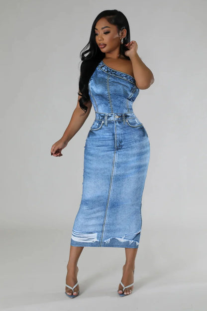 Urban Edge One-Shoulder Denim Midi Dress (Light Blue)