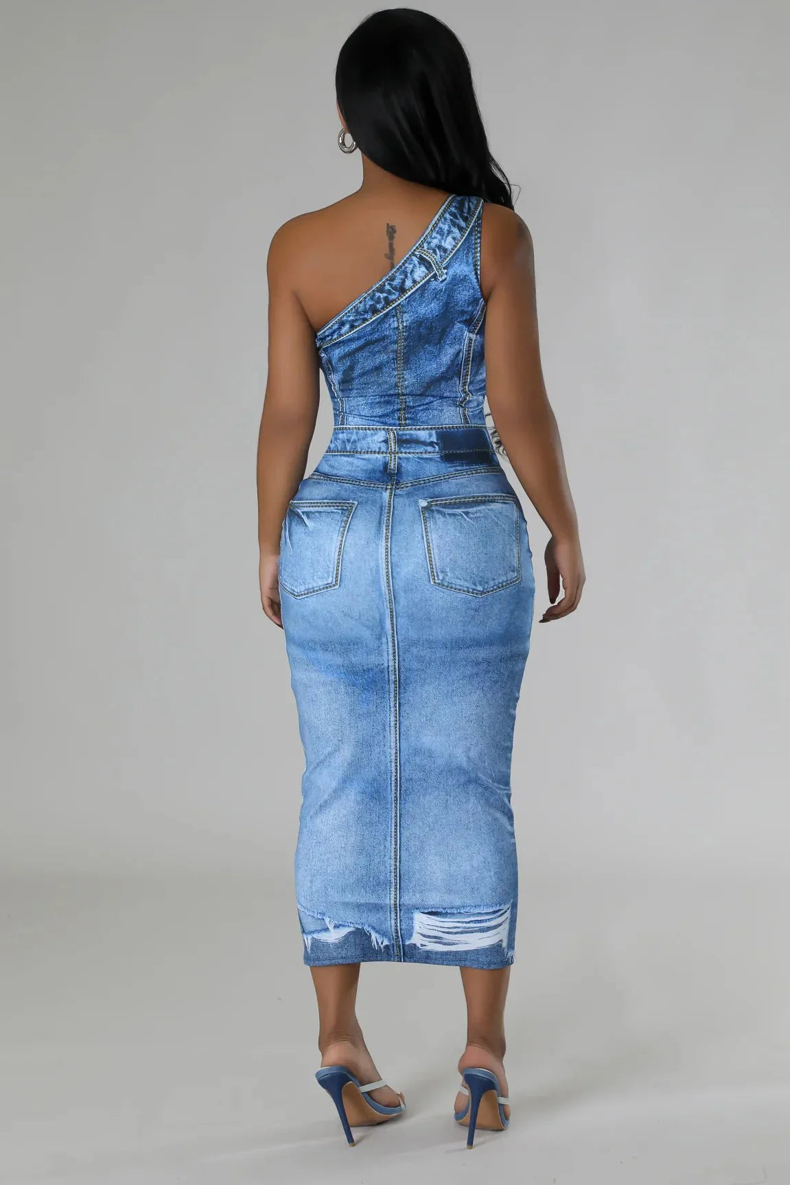 Urban Edge One-Shoulder Denim Midi Dress (Light Blue)