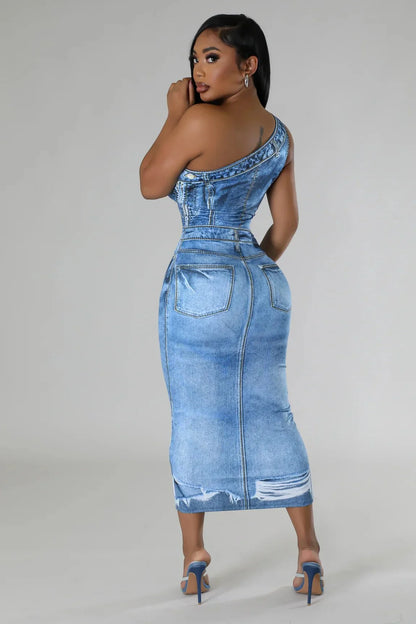 Urban Edge One-Shoulder Denim Midi Dress (Light Blue)