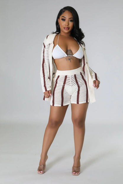 Vacation Mood Crochet Short Set – Brown Knit Two-Piece Outfit