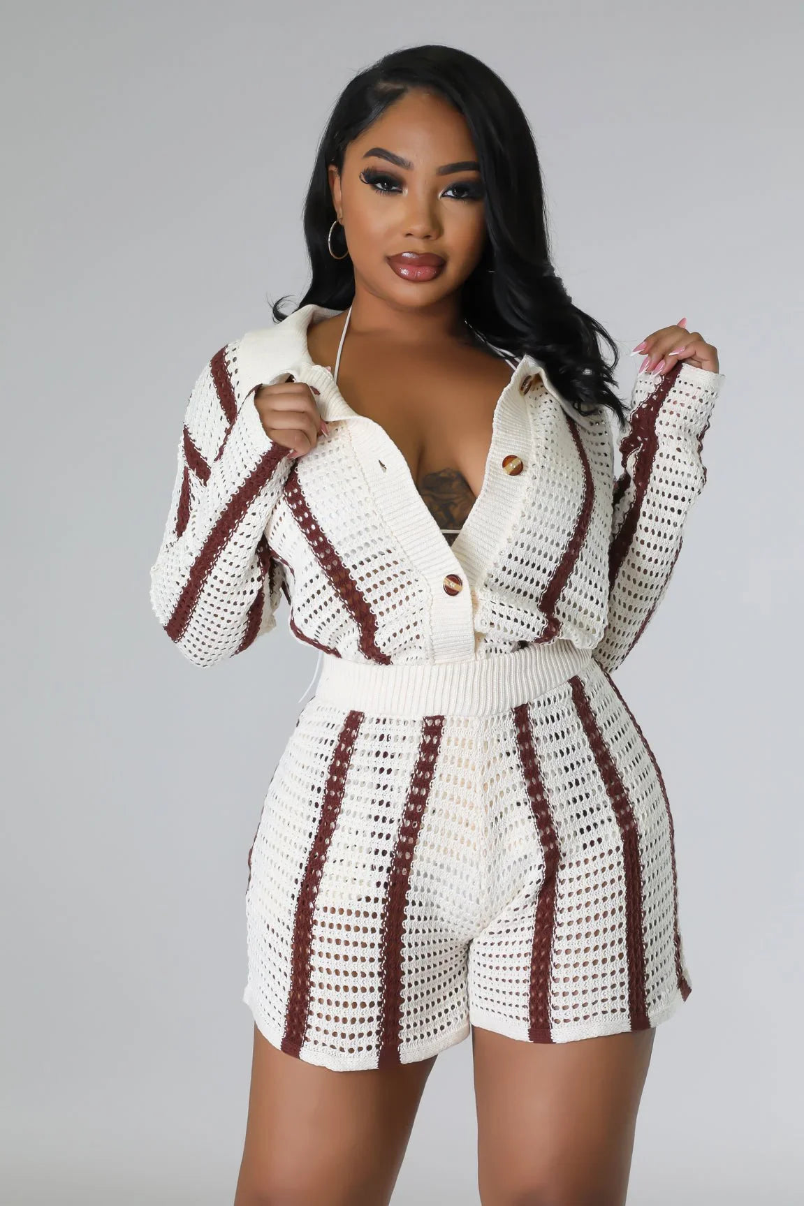 Vacation Mood Crochet Short Set – Brown Knit Two-Piece Outfit