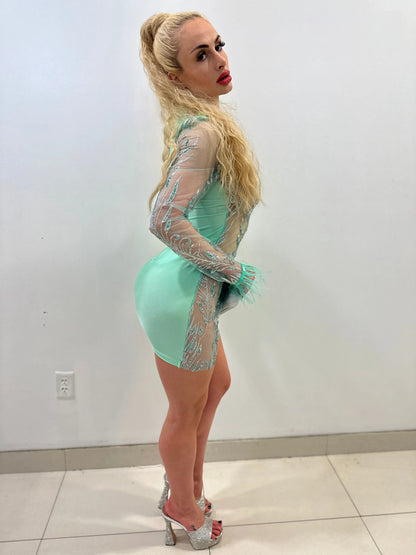 Viche Glam Teal Mini Dress with Shimmer Mesh Detail