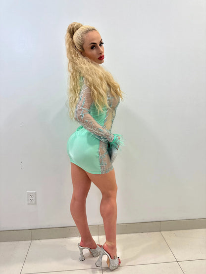 Viche Glam Teal Mini Dress with Shimmer Mesh Detail