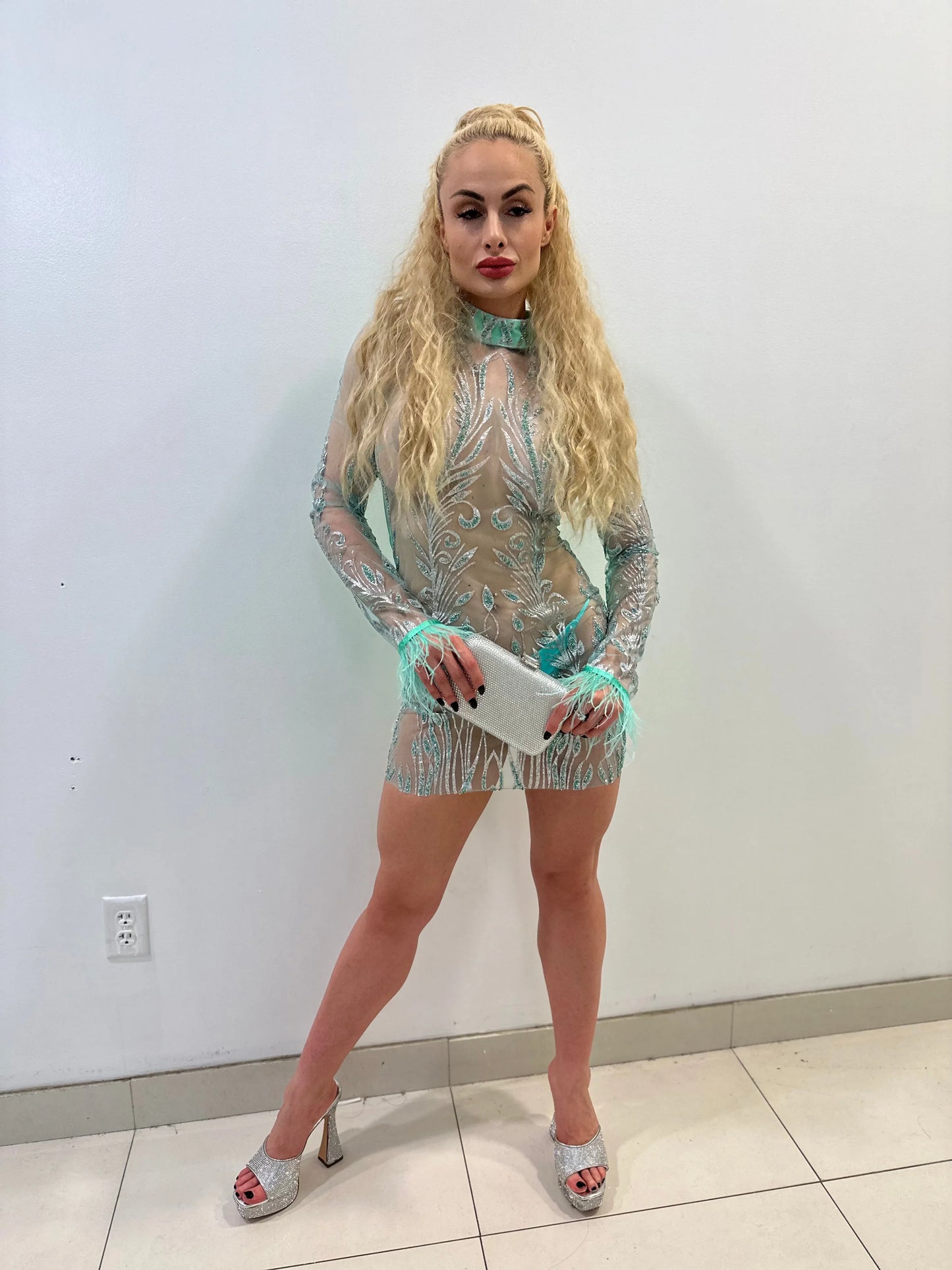 Viche Glam Teal Mini Dress with Shimmer Mesh Detail