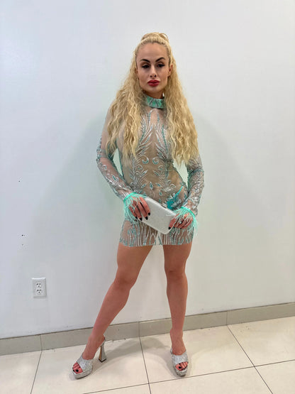 Viche Glam Teal Mini Dress with Shimmer Mesh Detail