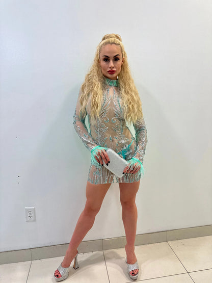Viche Glam Teal Mini Dress with Shimmer Mesh Detail