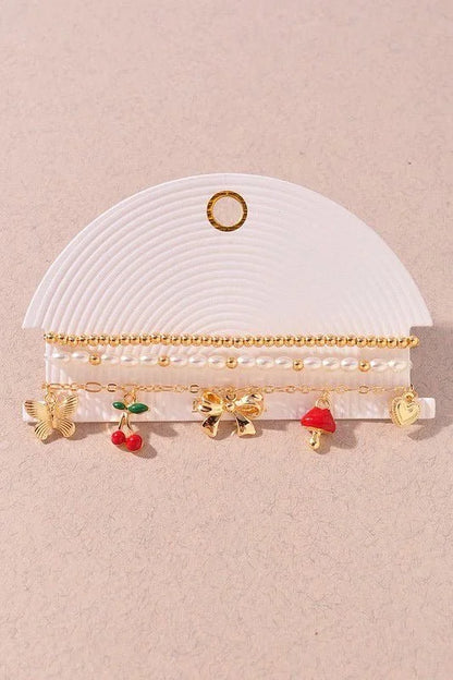 Whimsical Charm 3 piece Bracelet Set Gold Red