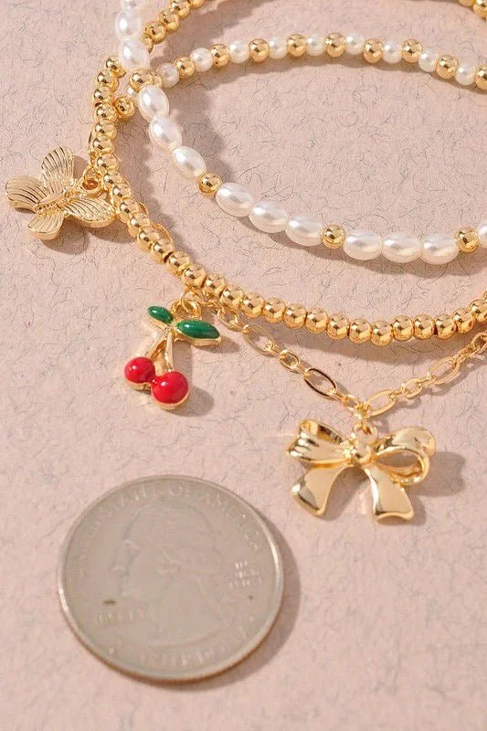 Whimsical Charm 3 piece Bracelet Set Gold Red