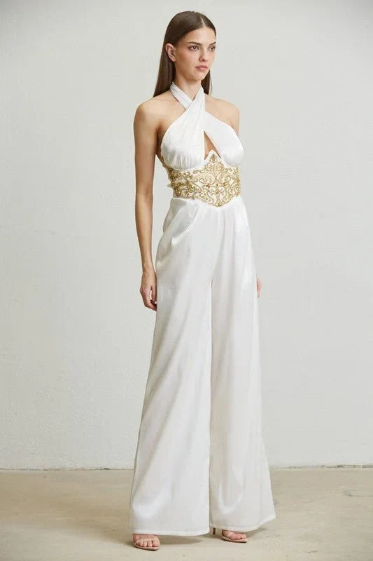 White Embellished Halter Jumpsuit