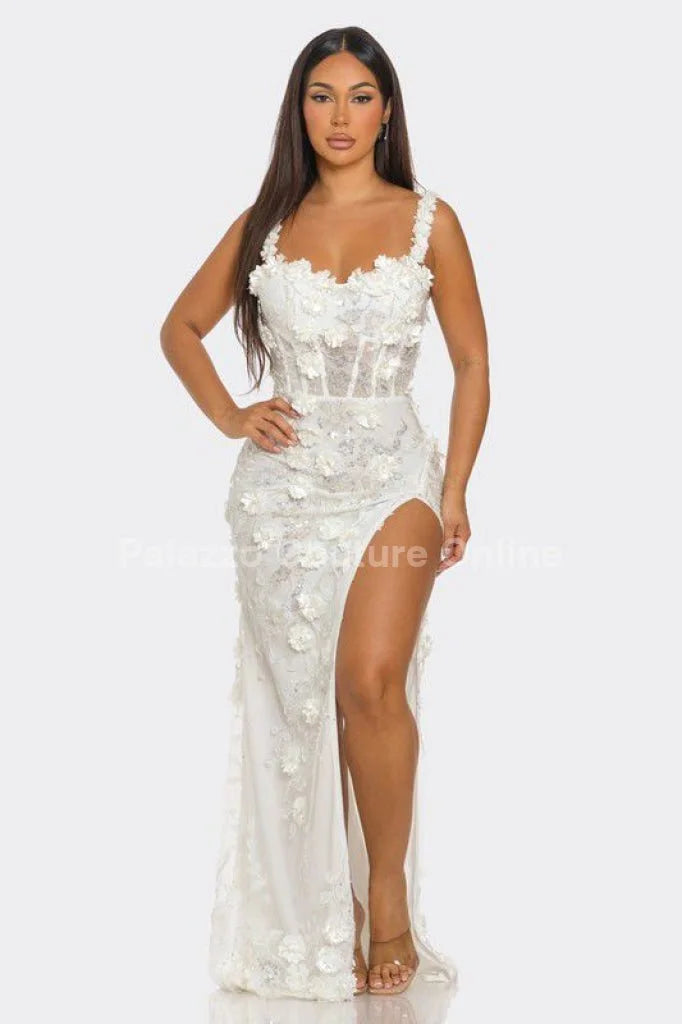 White Floral Sequin Gown – Enchanted Blossom Maxi