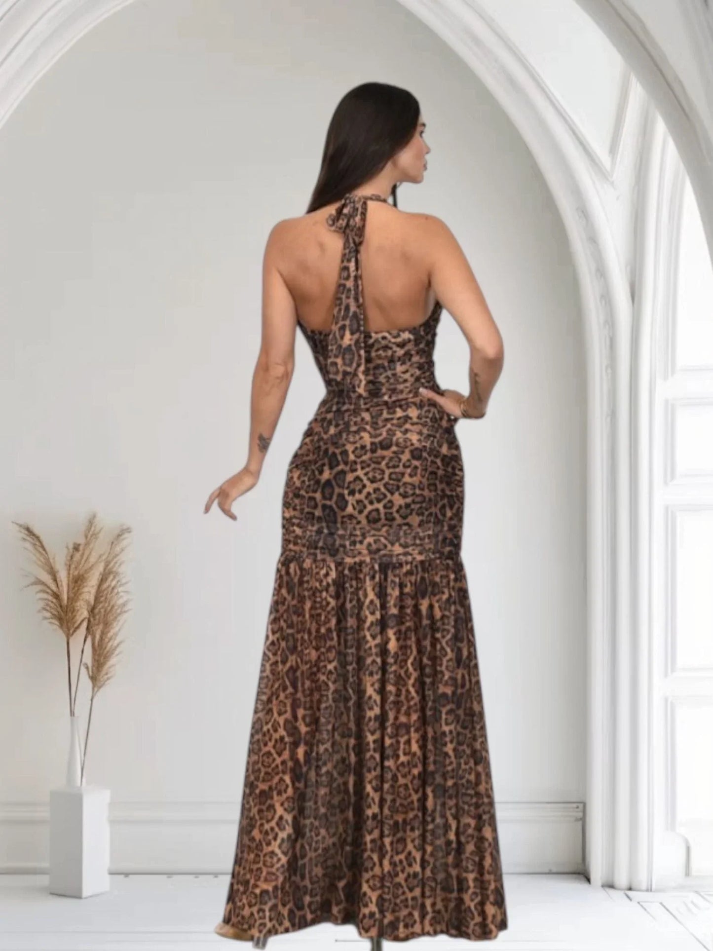 Wild Allure Mesh Halter Maxi Dress - Brown Multi