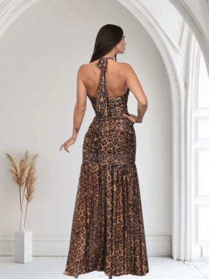 Wild Allure Mesh Halter Maxi Dress - Brown Multi