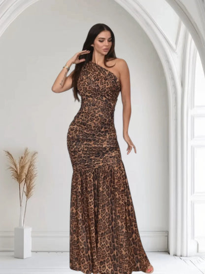Wild Temptation Leopard Maxi Dress One Shoulder Mesh – Brown Multi