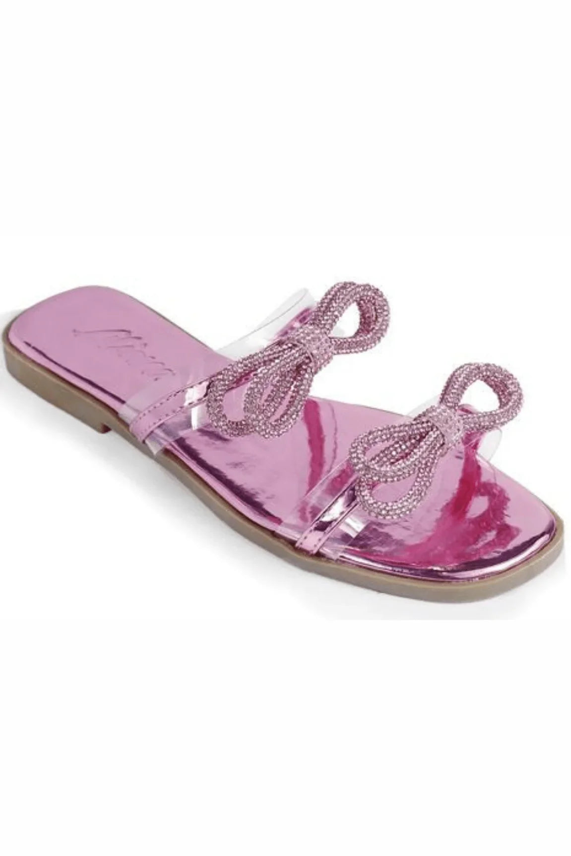Women Rhinestone Double Bow Clear Strap Slide on Sandals (Pink)