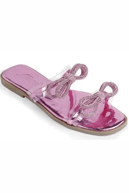 Women Rhinestone Double Bow Clear Strap Slide on Sandals (Pink)