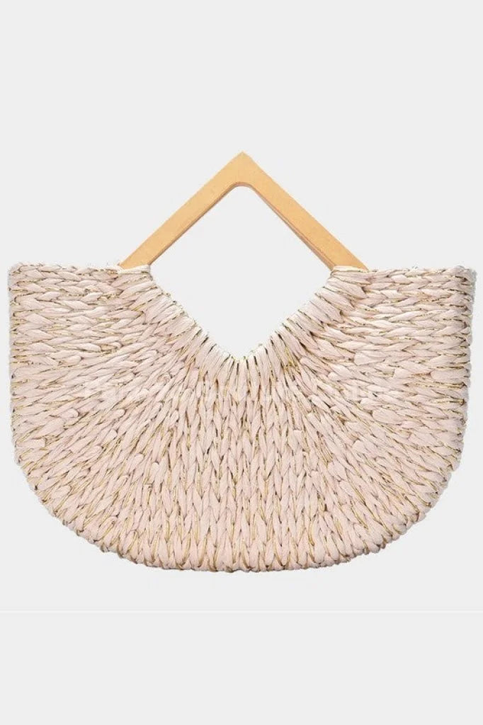 Wood Handle Straw Tote Bag with Woven Natural Texture