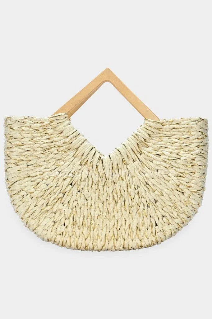 Wood Handle Straw Tote Bag (Natural)