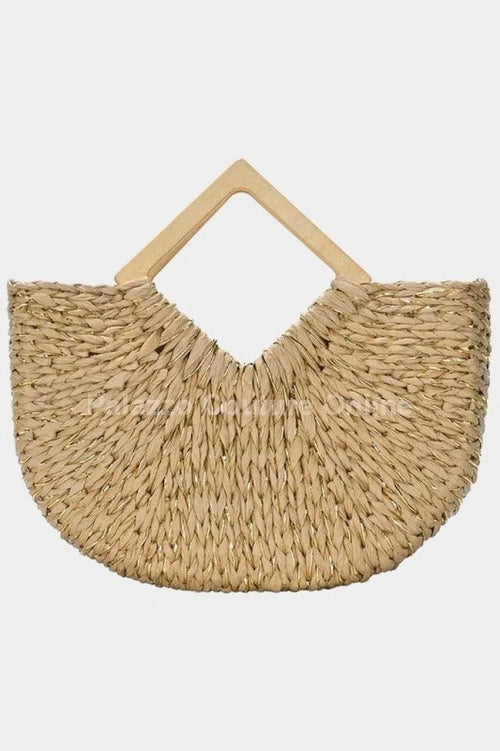 Wood Handle Straw Tote Bag with Woven Natural Texture