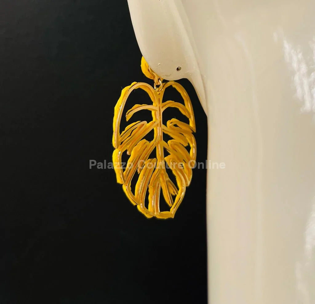 Yellow Statement Earrings – Leaf Design